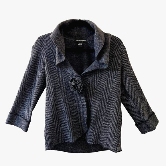 A Giannetti Womens Jacket Merino Wool Small Flower Herringbone Snap Close - Picture 2 of 14